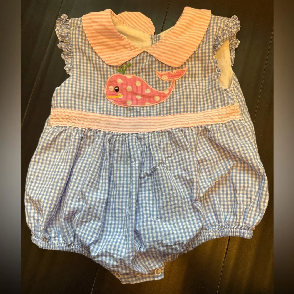 Lil cactus searsucker Blue and Pink Whale bubble Romper for girls